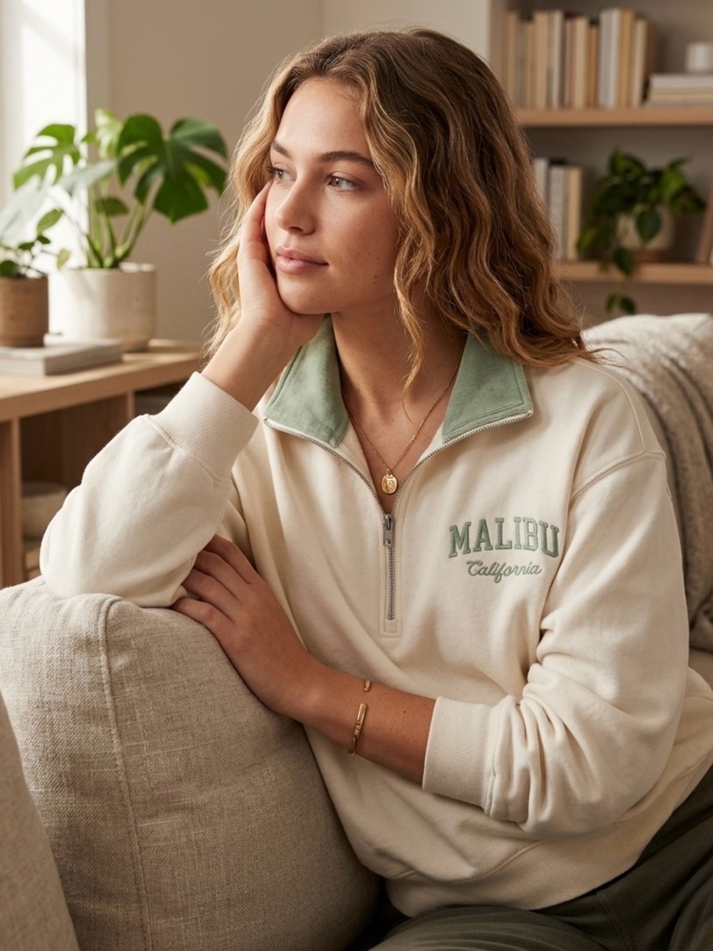 Easy Malibu California Graphic Half-Zip Sweatshirt Beige